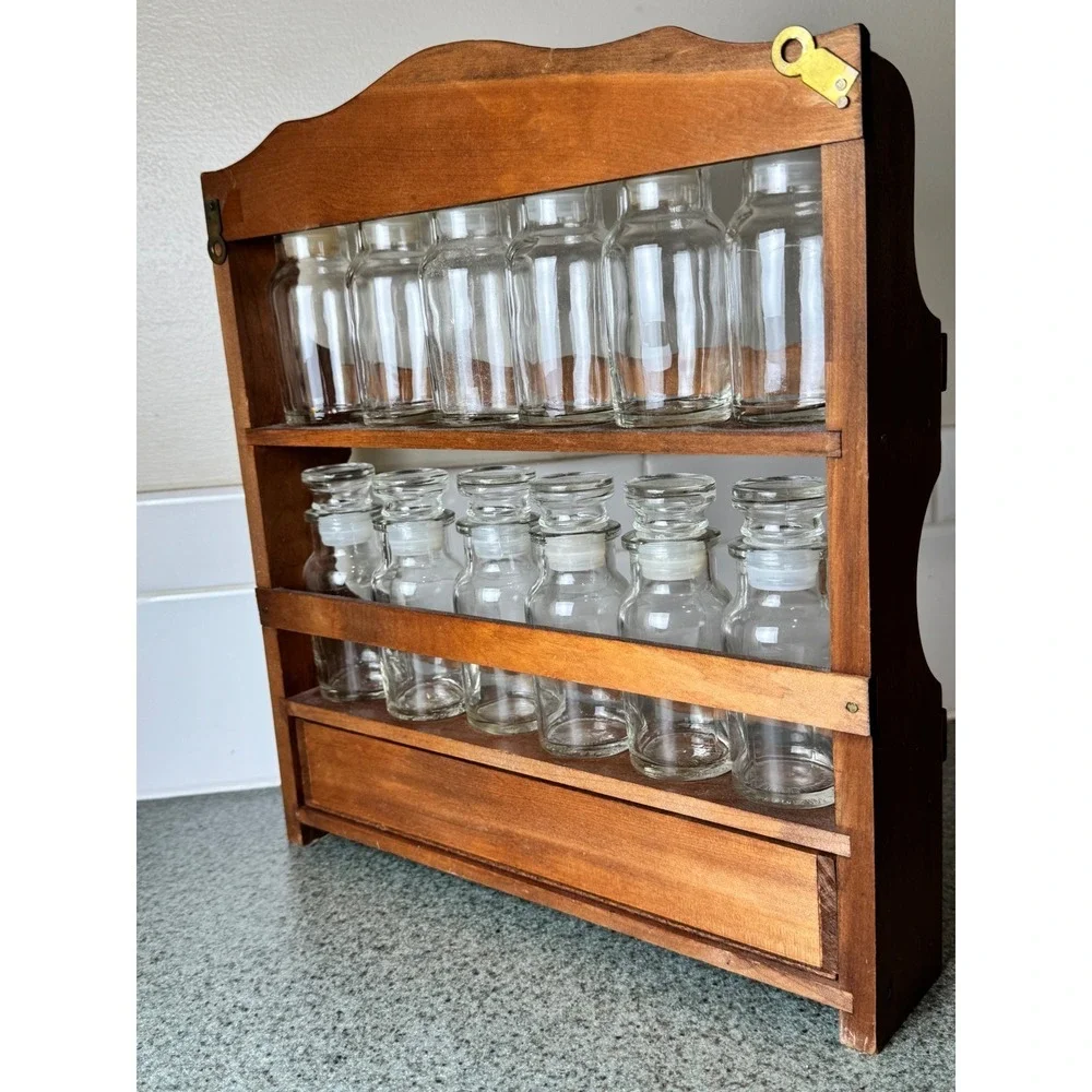 Vintage Wooden Spice Rack 12 Glass Jars Made in Japan Apothecary Drawer 11.5in